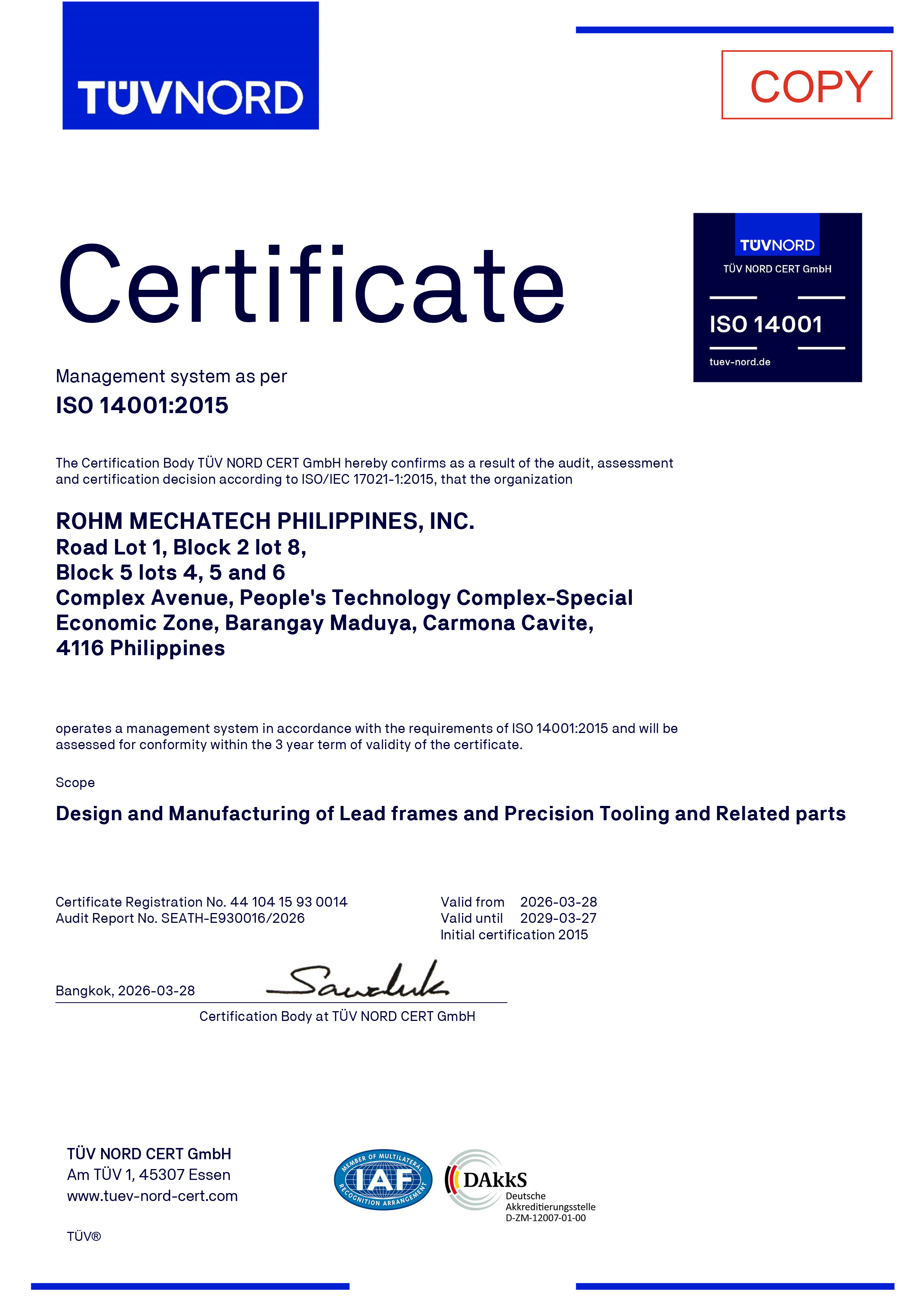 ISO14001 ROHM MECHATECH PHILIPPINES, INC.