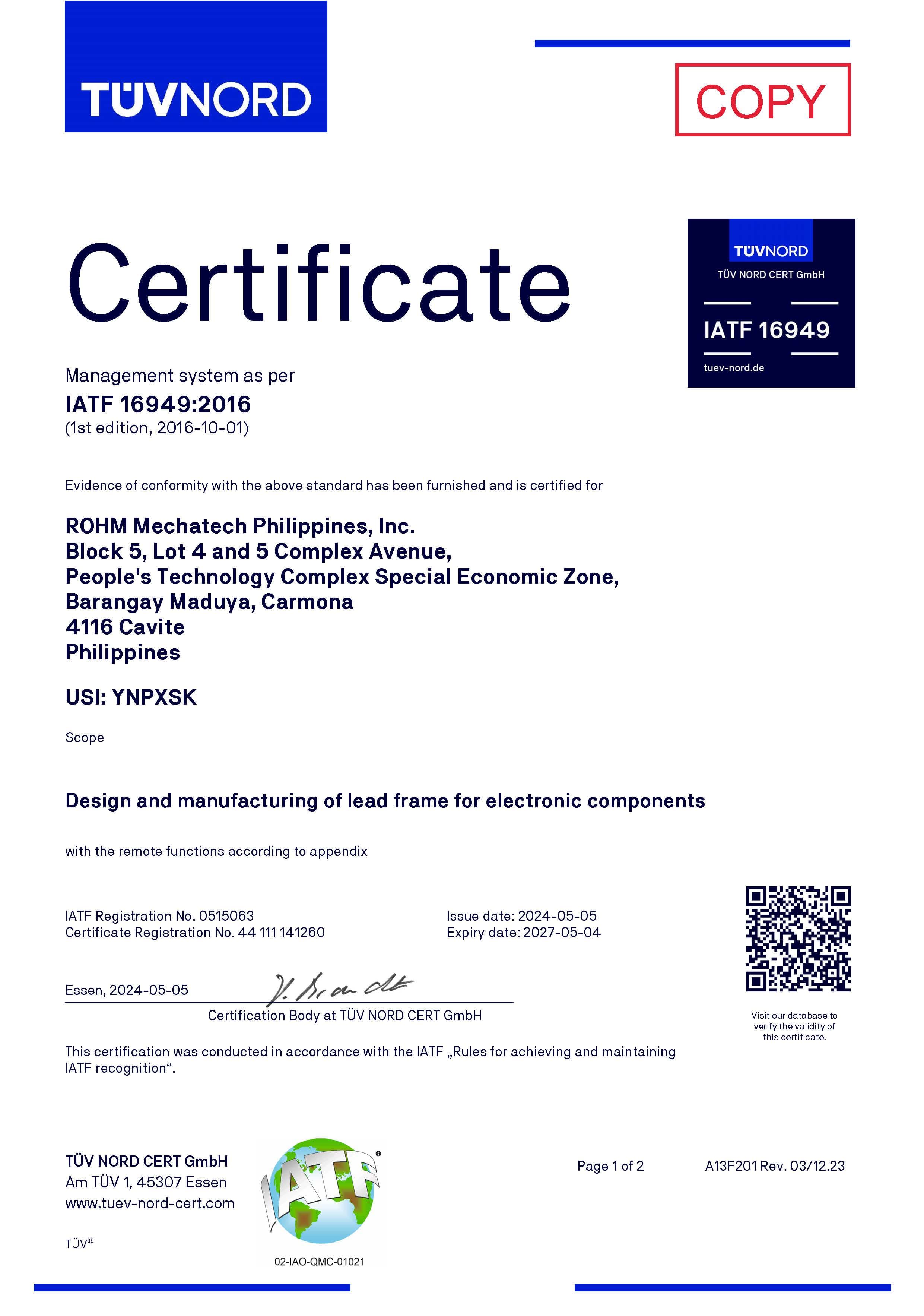 IATF16949 ROHM MECHATECH PHILIPPINES, INC.