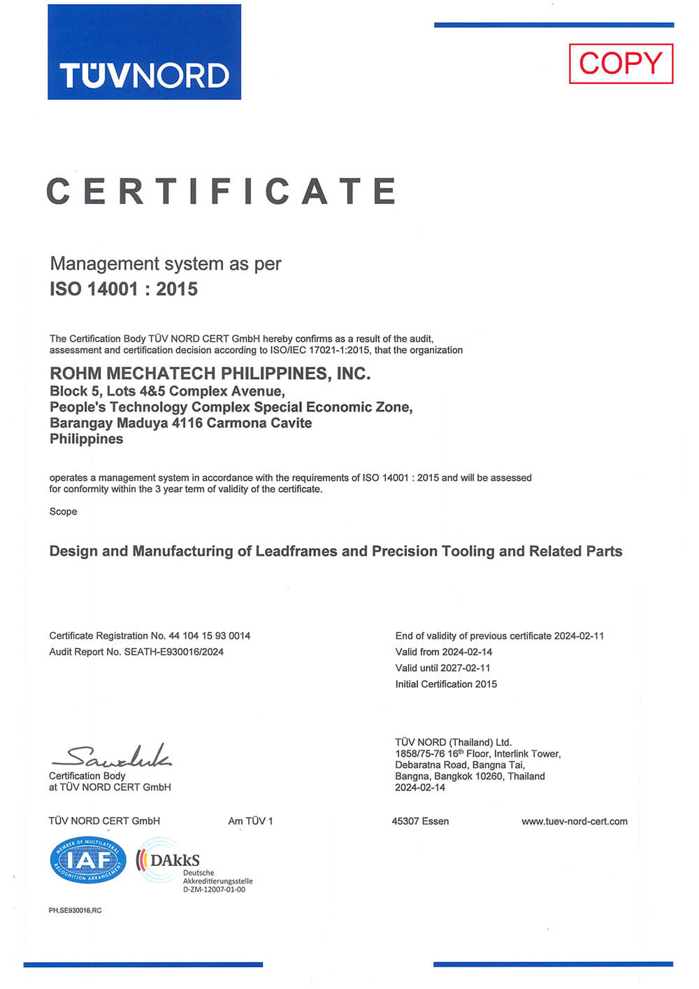 ISO14001 ROHM MECHATECH PHILIPPINES, INC.