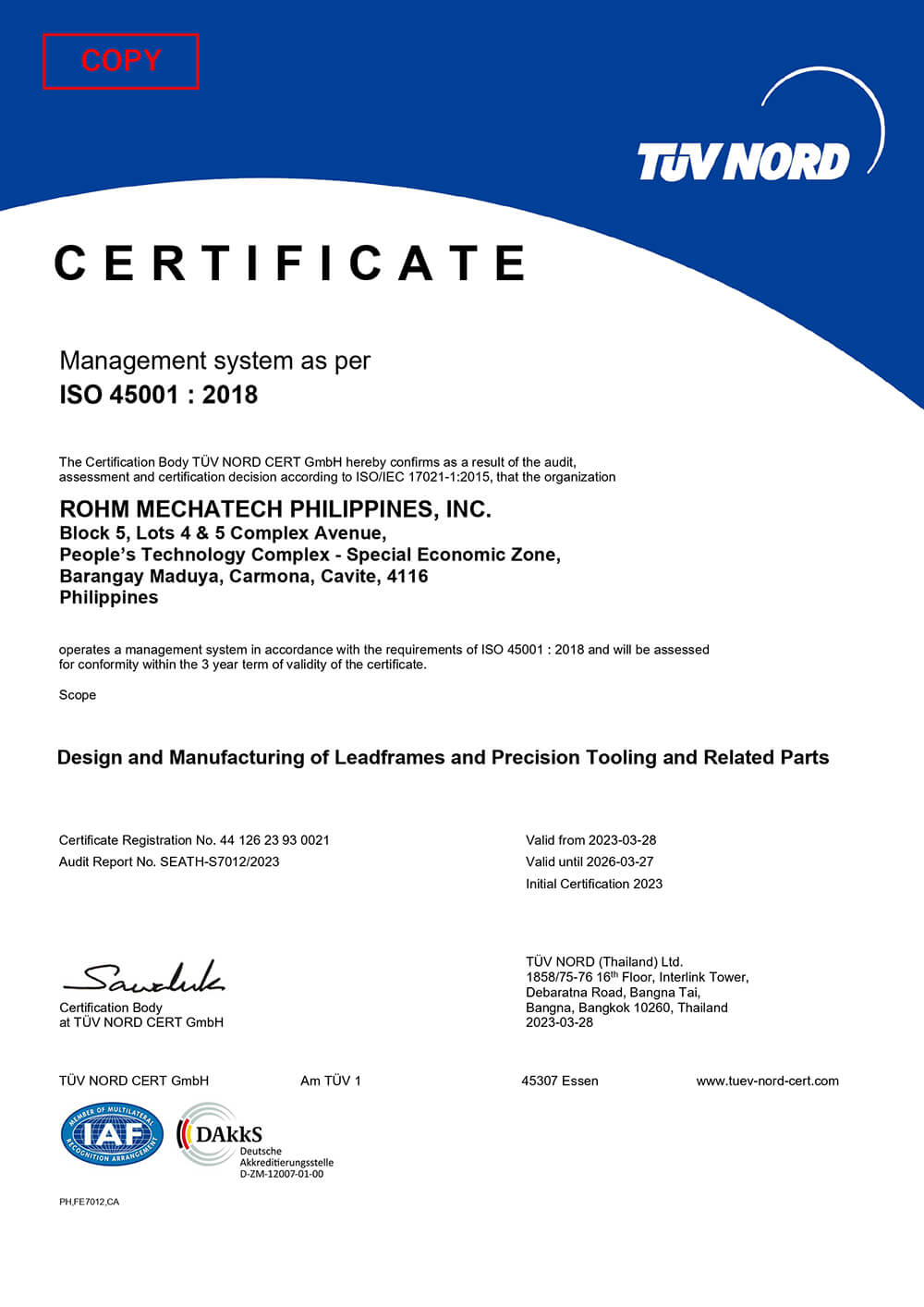 ISO45001 ROHM MECHATECH PHILIPPINES, INC.