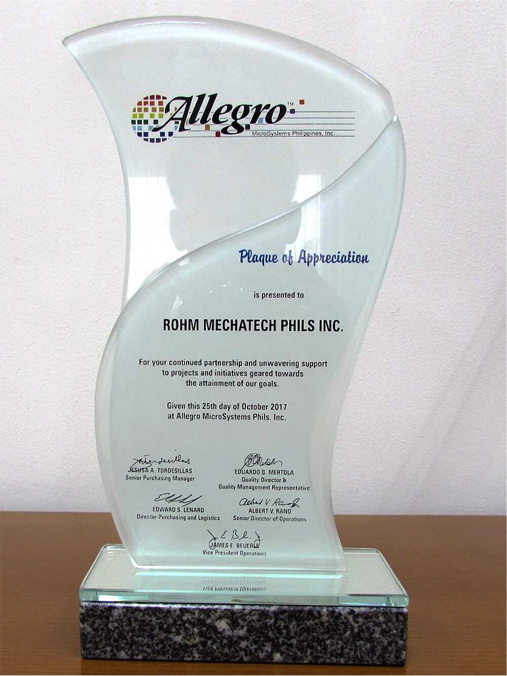 Customer Plaque of Appreciation